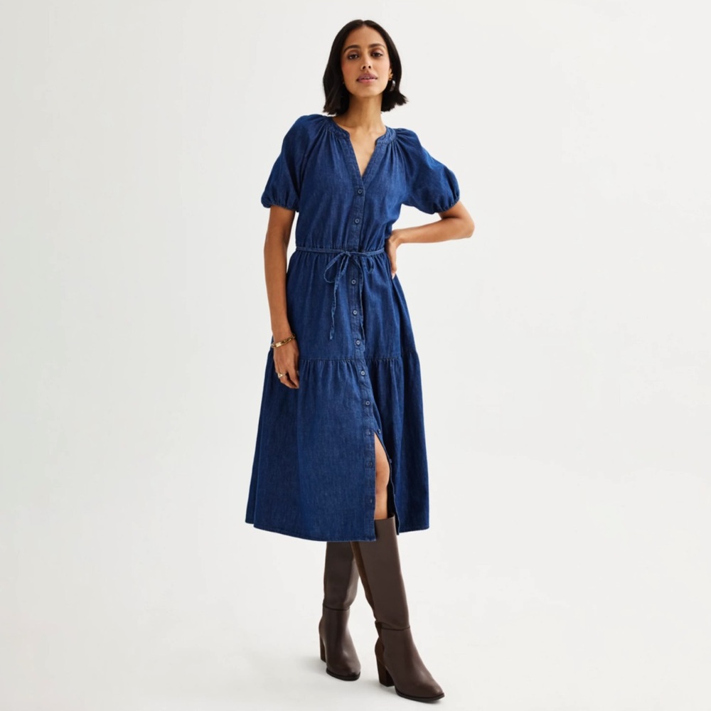 Chambray Puff Sleeve V-Neck Midi Dress